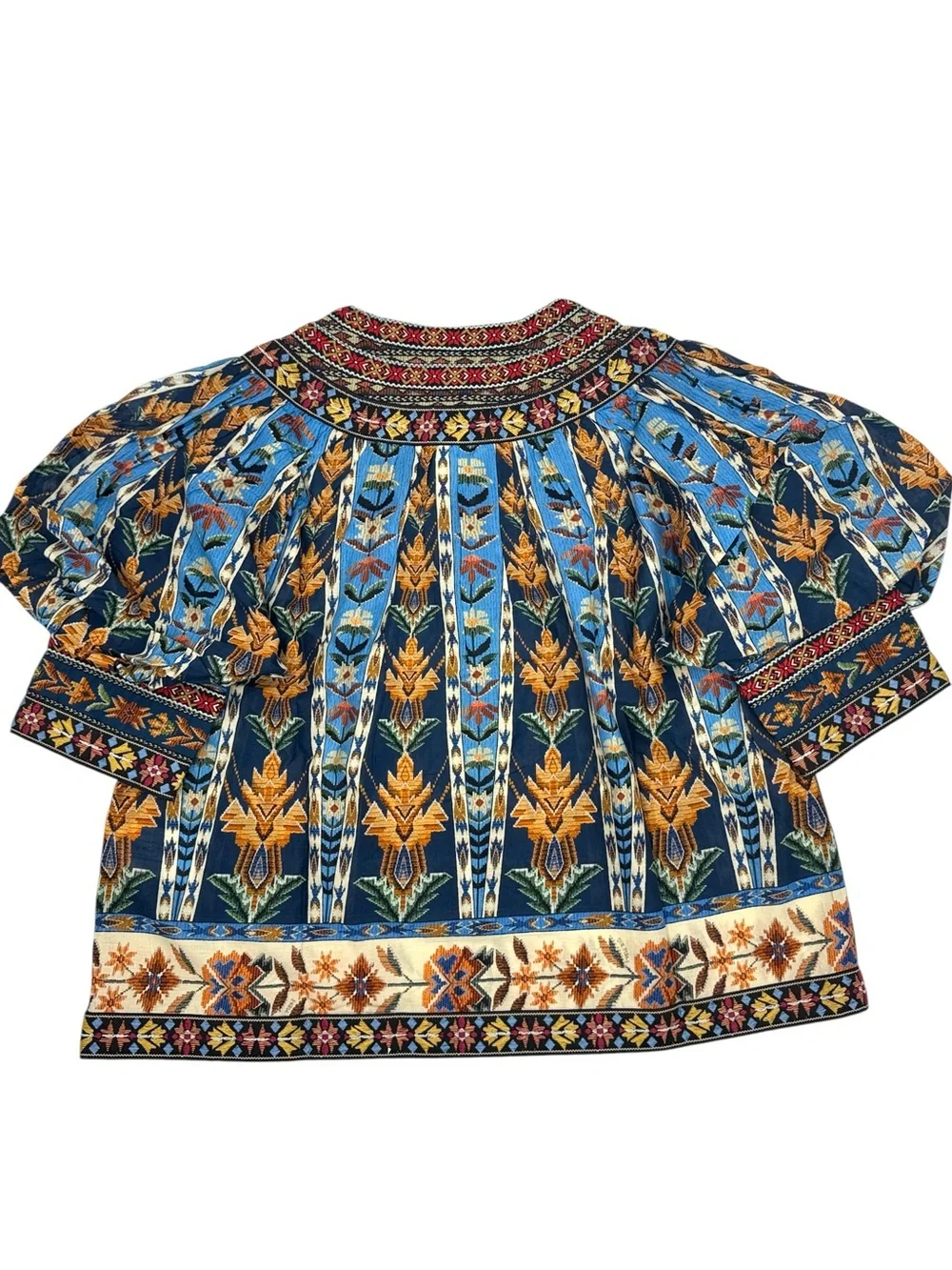NWT FARM Rio Embroidered Tapestry Blue Short Sleeve Blouse Size Medium
